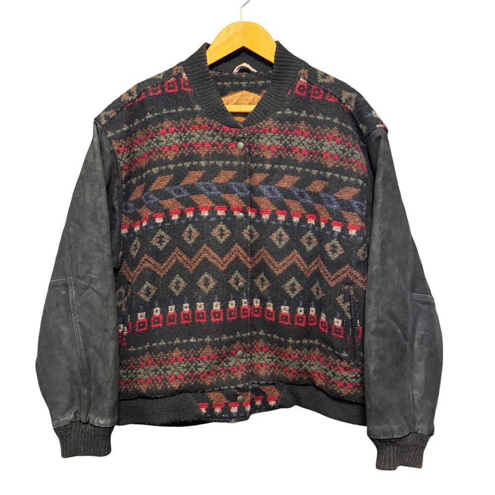 Woolrich Mens Vintage‎ Southwestern Wool Leather Sleeve Bomber Jacket Brown